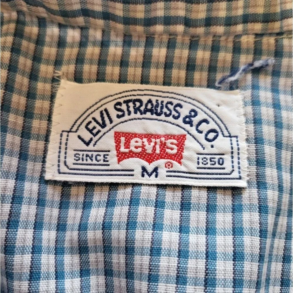 Levi Strauss & Co Vintage 1970s Pearl Snap Button Down Shirt Blue Plaid Size Med